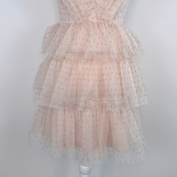 Lulu’s Blush Pink with Gold Dots Tiered Sleeveless Tulle Mini Dress. Size Small - Picture 3 of 12